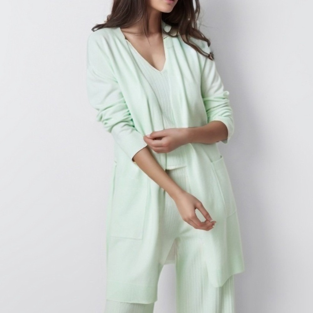 State of Day‎ Women Sweater Knit Duster Robe Small Mint Tie Belt Wrap Cardigan
